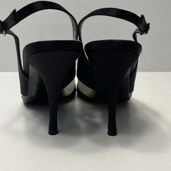 Stuart Weitzman Babe Black Satin Heels, size 8 slingback, bow front with mesh - Picture 4 of 12